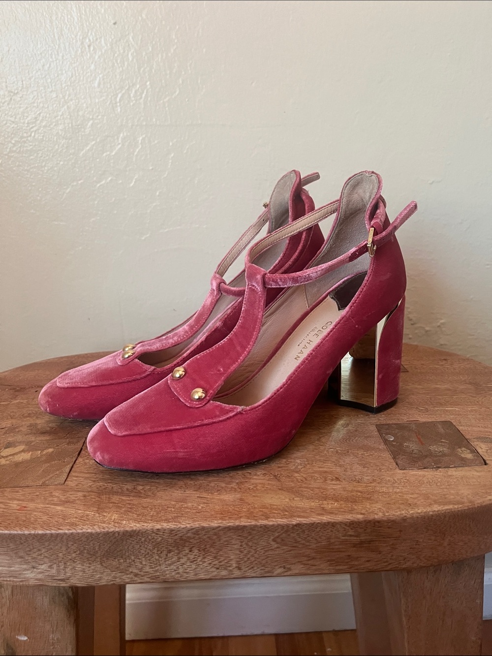 Cole Haan Rose Velvet T‑Strap Block Heels with Gold Accents